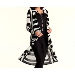 Chico's Sweater Size Small 0 Long‎ Lightweight Stripe Cardigan Black Linen Blend